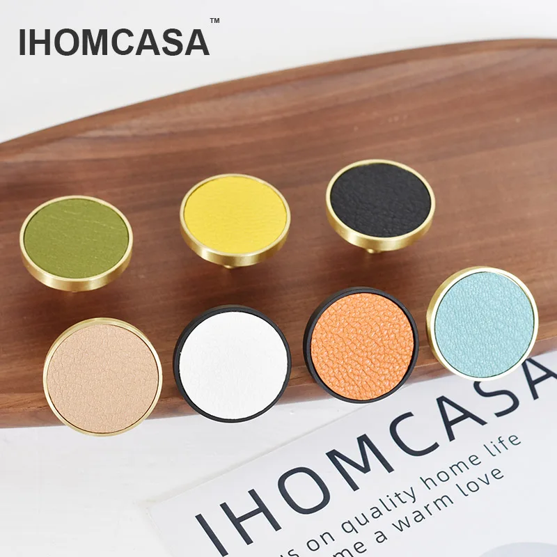 

IHOMCASA 12 Colors Brass Leather Furniture Handles Round Black Pulls Cupboard Wardrobe Dresser Shoe Cabinet Drawer Cowhide Knobs