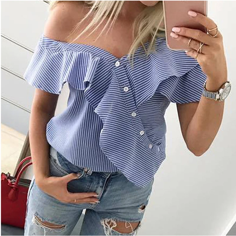 

Блузка женская на одно плечо, модный топ с пуговицами, Повседневная рубашка с оборками и коротким рукавом, в полоску, на лето