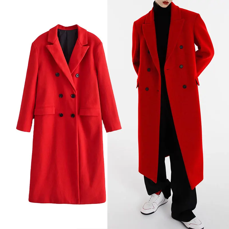 

Женское свободное шерстяное пальто Za, винтажное двубортное пальто с длинным рукавом и карманами с клапаном, повседневная верхняя одежда, 2021