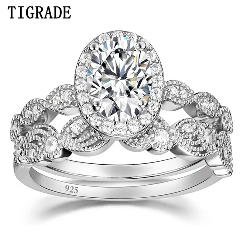 

TIGRADE 925 Sterling Silver Bridal Rings Sets Oval Cubic Zirconia Halo CZ Engagements Rings Wedding Bands For Women Promise Ring