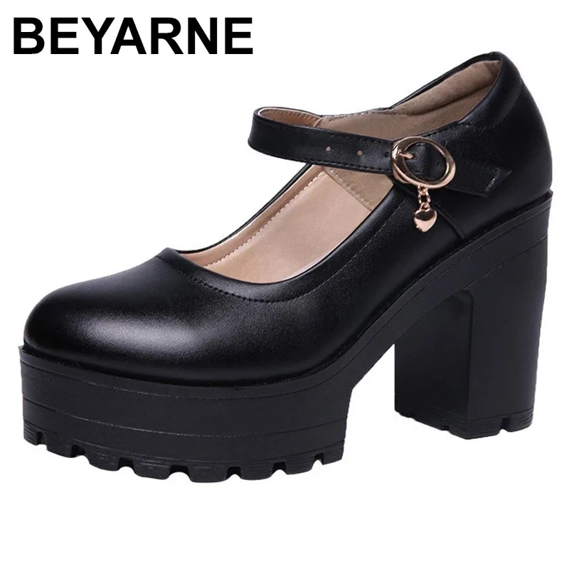 

BEYARNE Classic Block Heel Platform Pumps Women Mary Jane Shoes 2022Block Heel Fall Spring High Heels Shoes Ladies Office Black