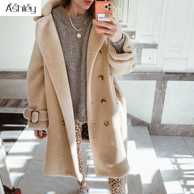 

Ashley Elegant solid double breasted hairy women fur coat V-neck belt long coat Office soft winter warm long jacket ladies 2020