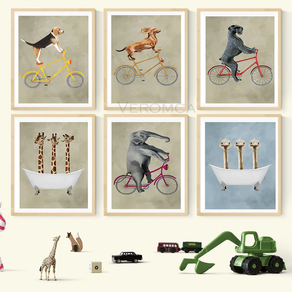

Nordic Cartoon Animal Print Canvas Painting Bicycle Dog Giraffe Ostrich In Bathtub Poster Children Room Wall Art Decor Pictures