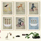 Скандинавский мультфильм Животные Печать холст Картина велосипед собака Жираф страус в ванной Искусство стены декор картины