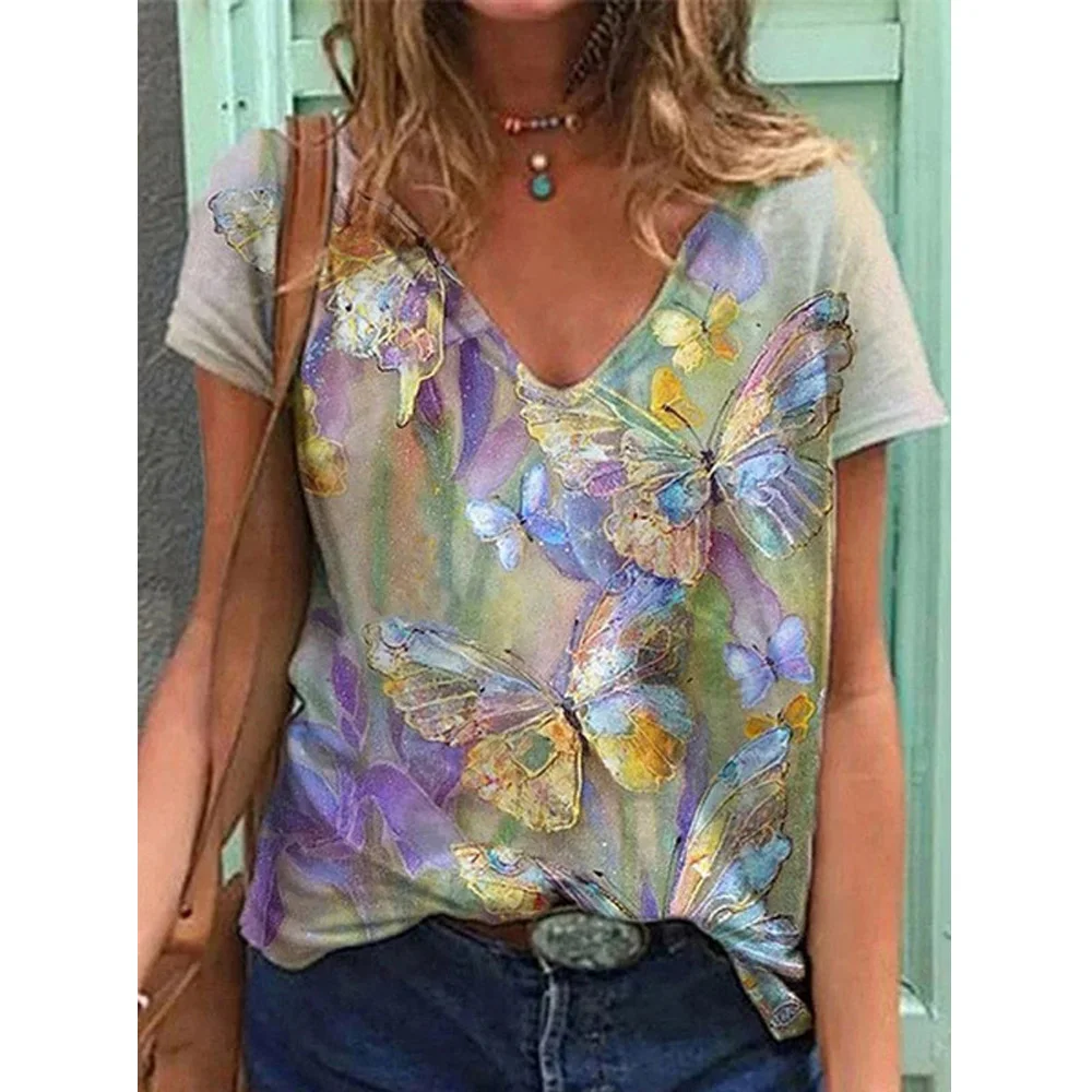 

Plus Size Summer Women T-Shirt Short Sleeve V Neck Butterfly Print Casual Loose Female Ladies Oversized Pullover Top Streetwear