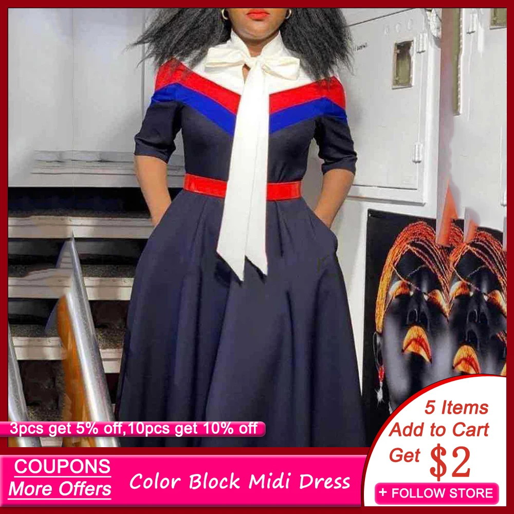 Платье женское ТРАПЕЦИЕВИДНОЕ средней длины с бантом и полосками|Женские платья|