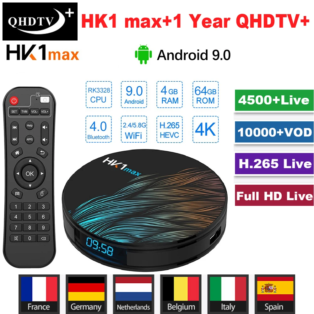 HK1 MAX Android 9,0 tv Box+ 1 год QHD tv+ плюс код IPTV 4K HDR Smart IP tv Box Dual WiFi RK3318 телеприставка медиа-проигрыватель Google