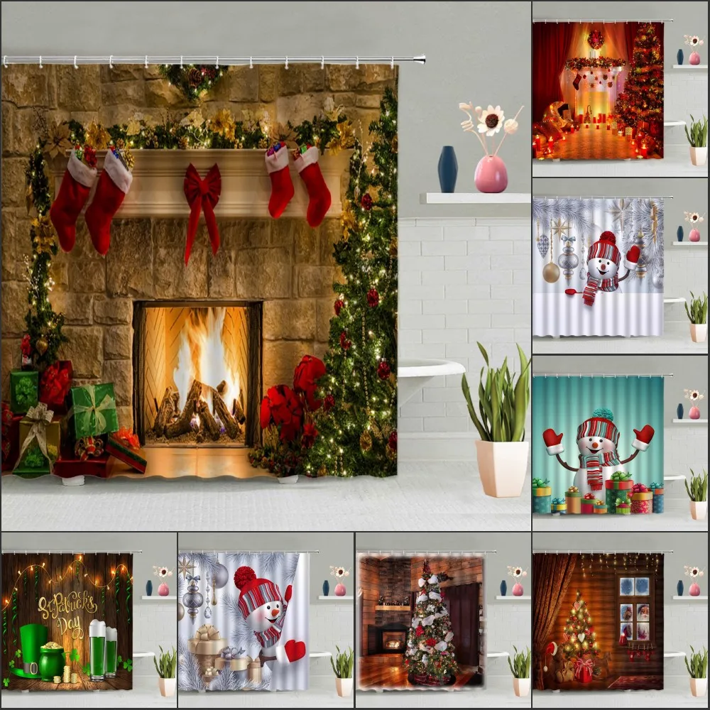 Рождественская занавеска для душа камин елка снеговик Санта детская подвесная