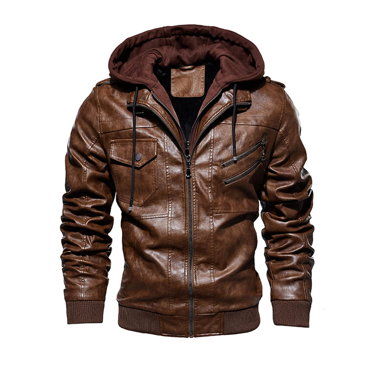 

Men Winter Clothes Thick Windproof Hooded Long Sleeve PU Leather Jacket Slim Fit Double Zipper Autumn Warm Coats