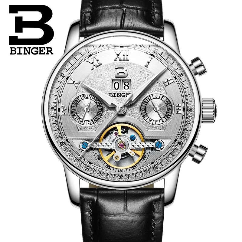 Relojes hombre 2019 военные часы Бингер кожа мужские скелет автоматические спортивные