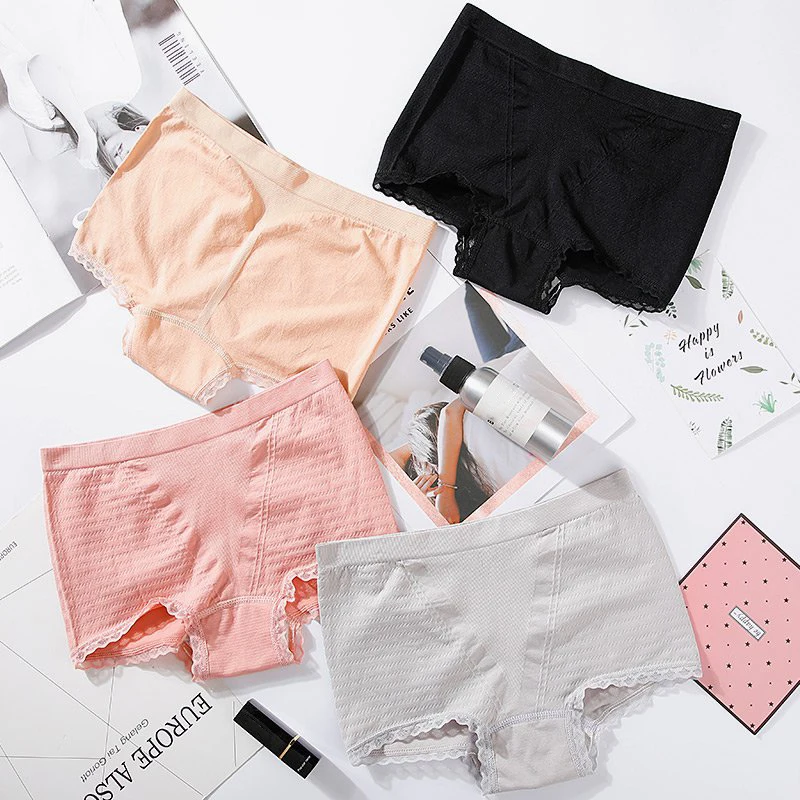 Удобные дышащие однотонные бесшовные трусы с кружевной отделкой Трусики высокой