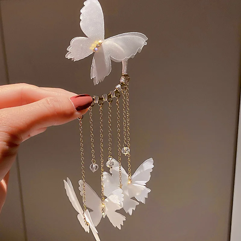 

Minar Hyperbole Single Piece White Color Cloth Butterfly Hanging Earrings for Women Shiny Crystal Rhinestone Clip Earrings Gift
