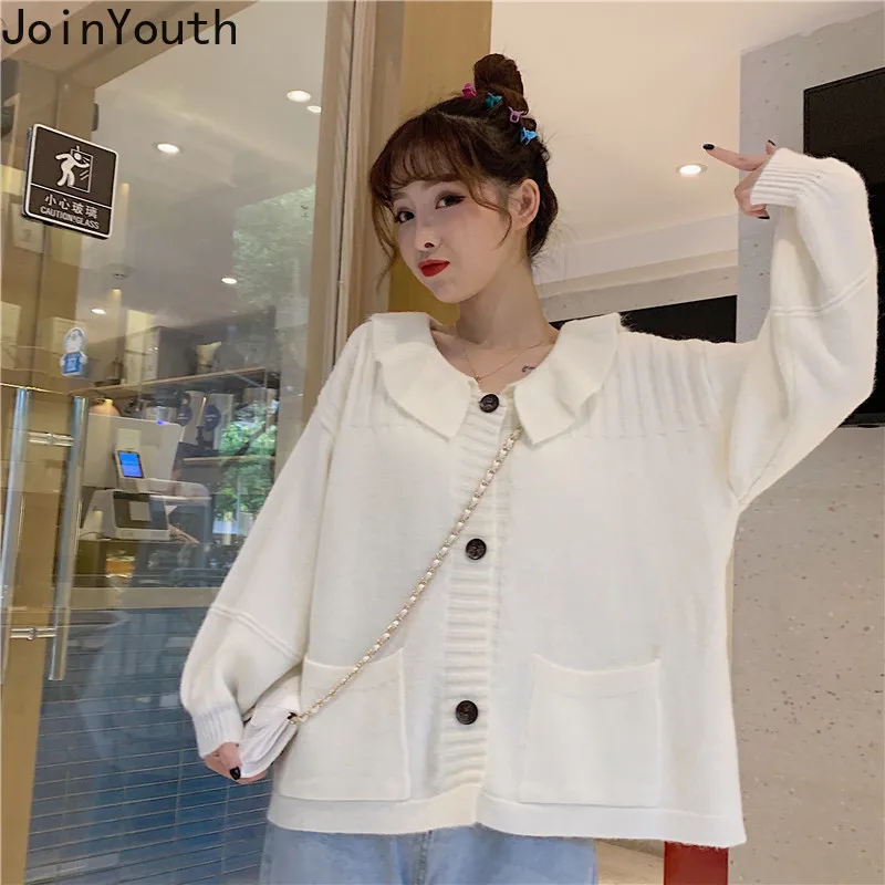 Joinyouth Sweater Women Korean Peter Pan Collar Full Pocket Cardigan Knit Loose Cute Button Sweaters Female Sueter Mujer 032 |