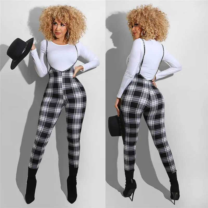 

Imcute Women Suspender Strap Pants Plaid High-waist Jumpsuit Overalls Office Lady Slim Fit Pencil Trousers One Piece Rompers