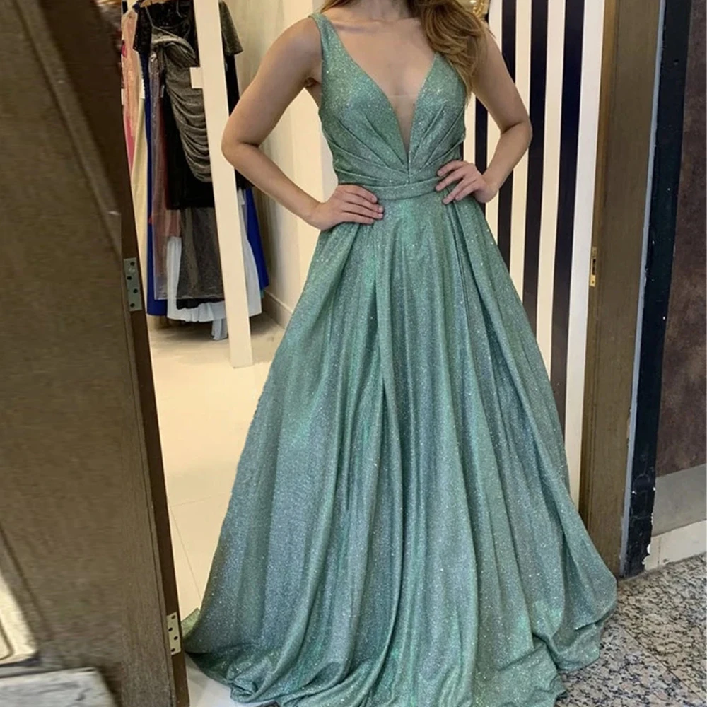 

Weilinsha 2021 Green A-line Evening Dresses V-neck Sleeveless Draped Gowns Back Lace Up Long Sexy Glitter Prom Dresses