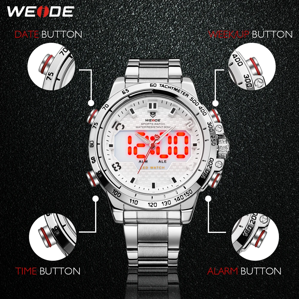 WEIDE Часы мужские LED Аналоговый двойной Дисплей сигнализации назад легкие спортивные Военное Дело часы большой циферблат Нержавеющая сталь ремешок кварцевые часы