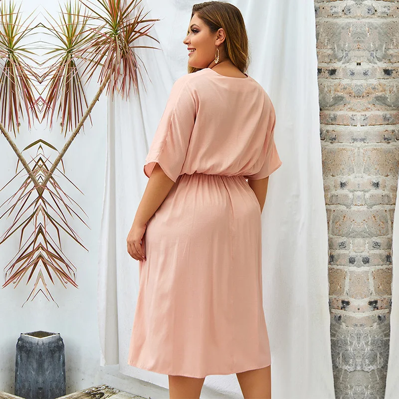 

Plus Size Women's Spring Summer 2021 V Neck Bat Sleeve Strap High Waist Solid Color 4XL Long Dress For Fashionable