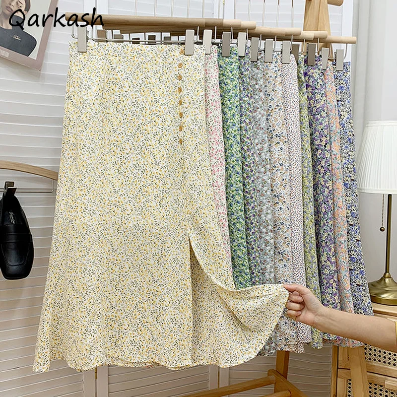 

Skirts Women Fashion All-match Button Design Newly Tender Midi Floral Chiffon Empire Kawaii Students Leisure Summer Korean Style