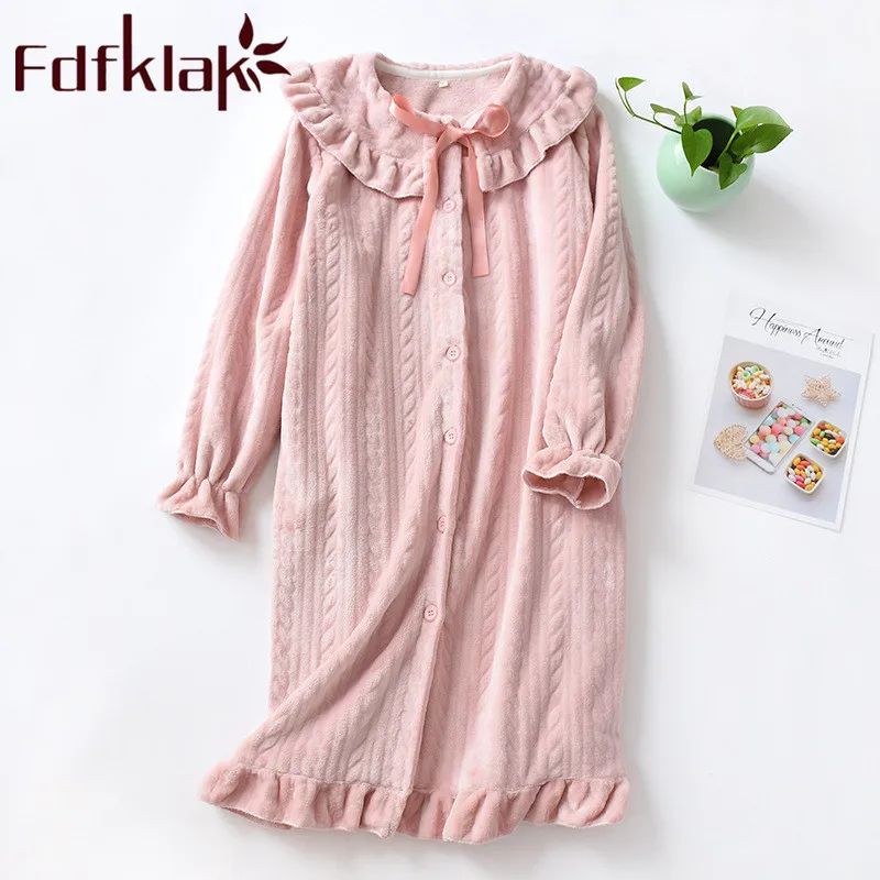 Fdfklak Flannel Nightdress Long Sleeping Dress Autumn Winter New Night Wear Sleepwear Womens Nighties Pink Long Nightgown