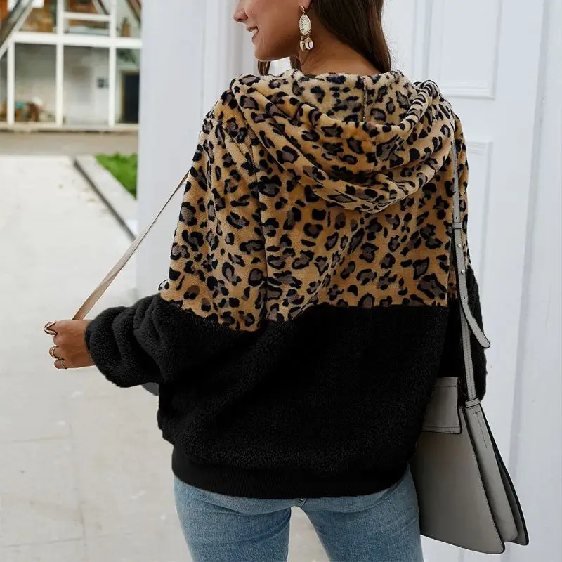 

Women Autumn Winter Leopard Fleece Faux Fur Hooded Coat Zipper Jacket Overcoat