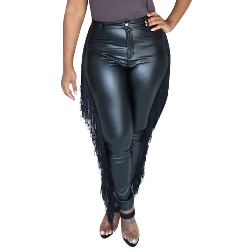 

Punk Tassel Black Pu Leather Pants Women Gothic High Waisted Autumn Winter Trousers Ladies Streetwear Plus Size Pencil Pants