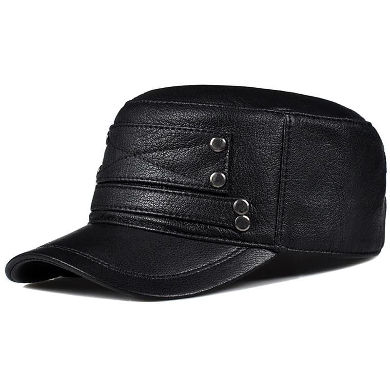 

Fashion Genuine Leather Hat Men's Flat Caps Army Military Hats 2021 New Real Sheepskin Leather Cap Adjustable Size Brands Caps