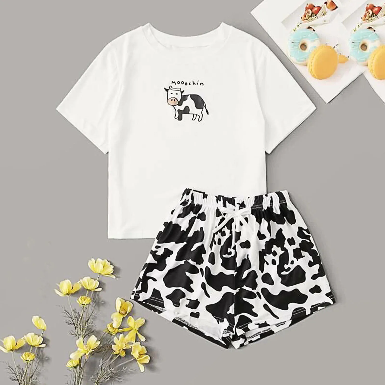 С принтом коровы женские пижамы для девочек белого цвета с из мультфильма