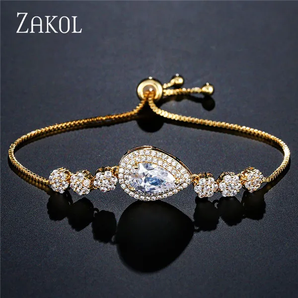 Gold Color 100 ZAKOL, браслет из белого золота с регулируемой цепочкой, браслет с кубическим цирконием, браслеты и браслеты для женщин, ювелирные изделия FSBP2094 - Окраска металла: Gold Color 100