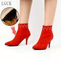 plus size 34 48 fashion women ankle boots stiletto high heels sexy sock shoes pumps cow suede pointed toe zip boots zapatos muje