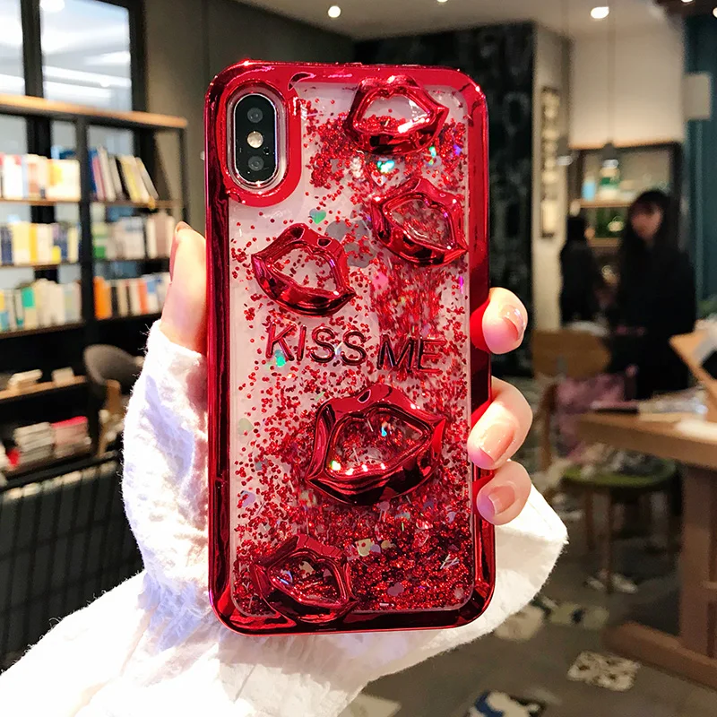 Чехол зыбучие пески с динамической жидкостью 3D Поцелуй меня для iPhone X 8 Xs Max Xr