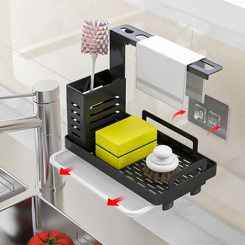 

Simple Kitchen Sink Caddy Organizer Stainless Steel Sponge Soap Brush Holder With Drain Pan Premium Kitchen Drying Rack superbly