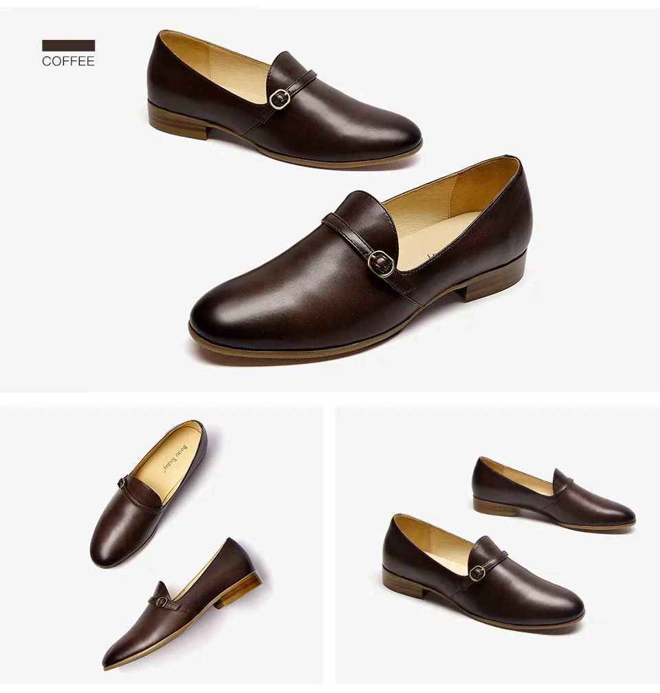 BeauToday Loafers Women Genuine Cow Leather Round Toe Buckle Ladies Slip-On Casual Flat Shoes Handmade 27159