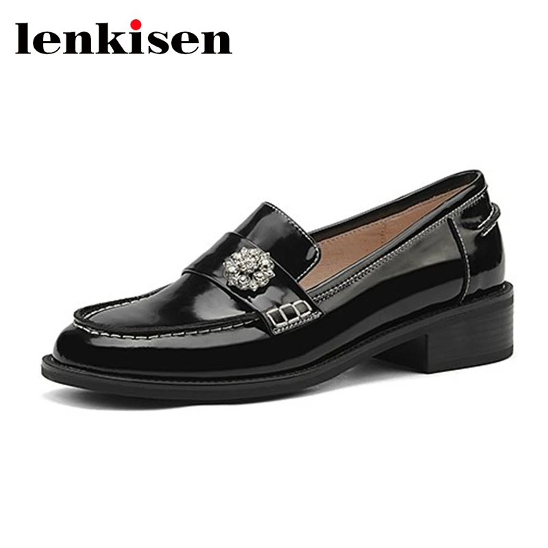 

Lenkisen full grain leather fairy maiden shoes round toe med heels sewing diamond flowers plus size 43 luxury women pumps l20