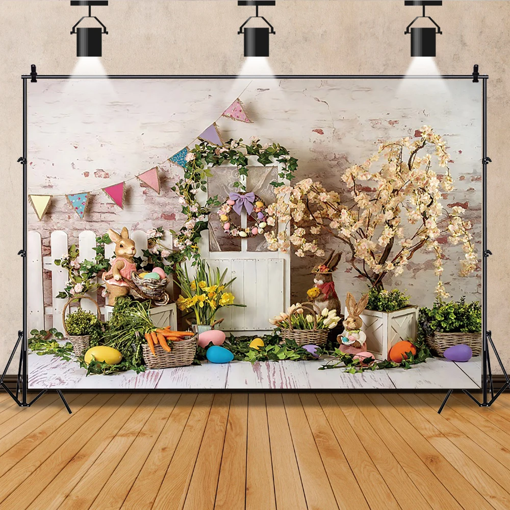 Spring Easter Eggs Photography Backdrops Cute Rabbit Carrot Flower Brick Wall Decorations Birthday Photo Background Props Studio