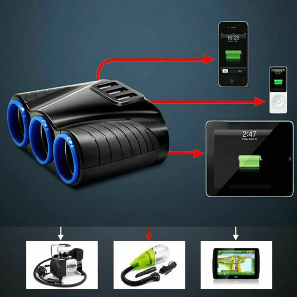 Universal Chargers 3 Ways Car Auto Cigarette Lighter Socket Splitter Power Adapter LED Light 120W 5V 3.1A Dual USB Charger | Электроника