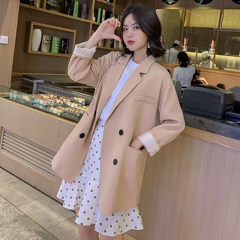 Fashion Double Breasted Solid Color Women Blazer Pockets Jackets Female Retro Suits Coat Feminino Blazers Outerwear Pink | Женская
