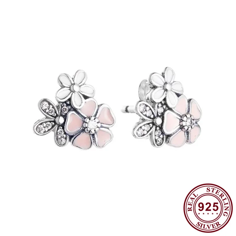 

100% 925 Sterling Silver Pan Earring New Style Daisy Cherry Blossom Earrings For Women Wedding Gift Fashion Jewelry