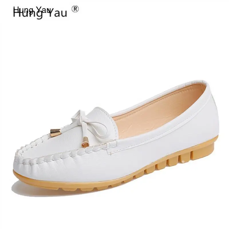 

Solid Flats Shoes Women Loafers Casual Round Toe Soft Bow Slip-On Women Platform Pink Leather Shoes high Quality Plus Size 35-40