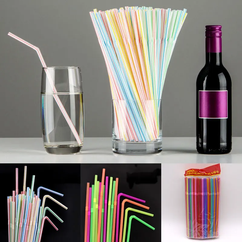 

100pcs Bendable Drinking Straws Striped Fluorescent Plastic Disposable Beverage Straw Wedding Decor Party Supplies