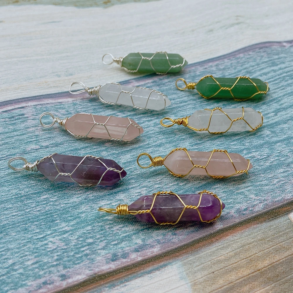 

1pc Natural Crystal Stone Pendant Aventurine Tiger Eye Faceted Golden Silver Winding Twining Pendants Ornament Gifts Jewelry