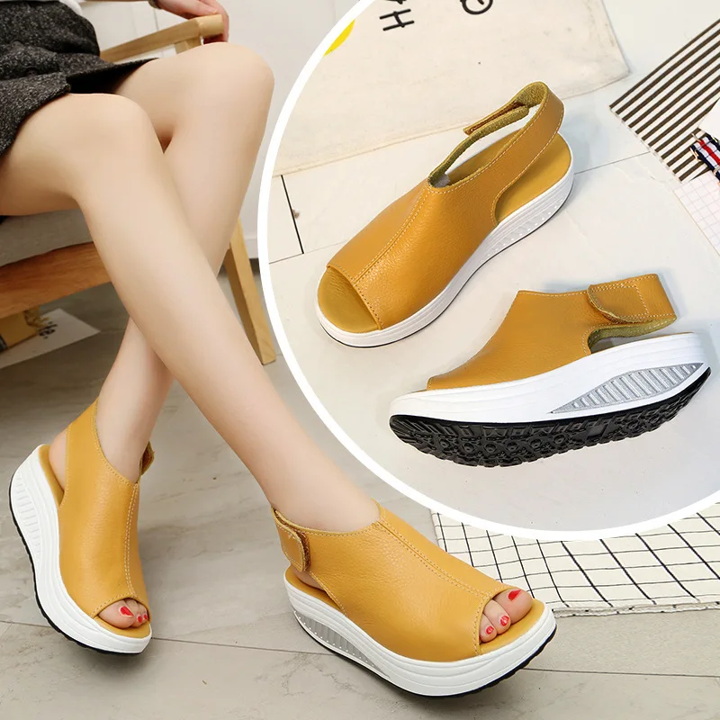 

2021 New rocking shoes women's summer sandals thick-soled velcro wedge fish mouth large size sandals