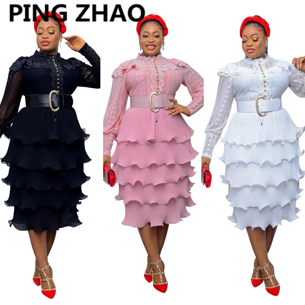 

PING ZHAO Women's Elegant Layers Ruffles Dress 2021 Autumn Long Sleeve Cake Dresses Fashion Slim Lace Patchwork Dress Vestidos