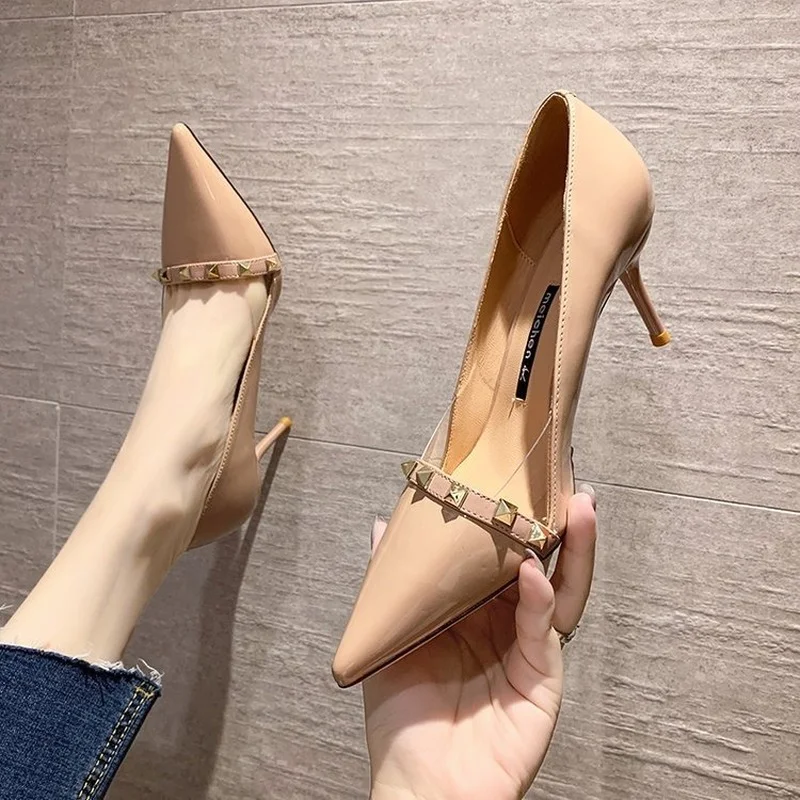

Patent Leather Sexy Heels Shoes Pointed Toe Rivet Super High Heels Green Pumps Women Dress Shoes Stilettos 2021 New Fashion