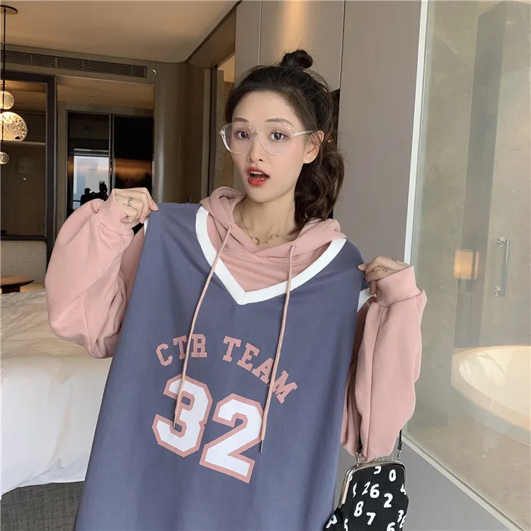 

oversized sweatshirt women fashion patchwork fake two pieces Hoodies Korean loose Long sleeve casual pullovers Hipster autumn