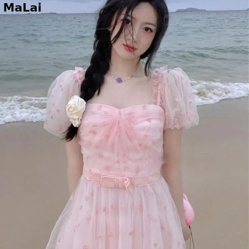 

Pink Elegant Sweet Dress Women Kawaii Floral Casual Korean Pretty Dress Summer 2021 Female Princess Designer Beach Fairy Dress