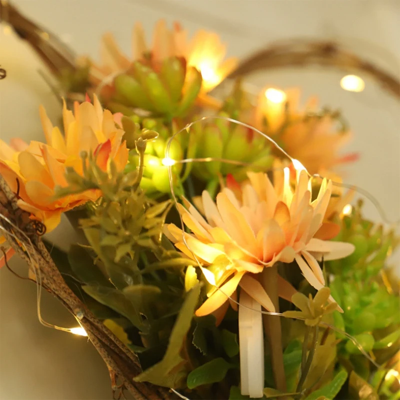 

Heart-Shaped Autumn Chrysanthemum Succulent Wall Hanging Halloween Thanksgiving Family Decoration Garland with Light