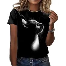 Camiseta con dibujo de gato en 3D para mujer, camiseta negra básica con cuello redondo y estampado de animales de gato en 3D, camiseta informal para mujer
