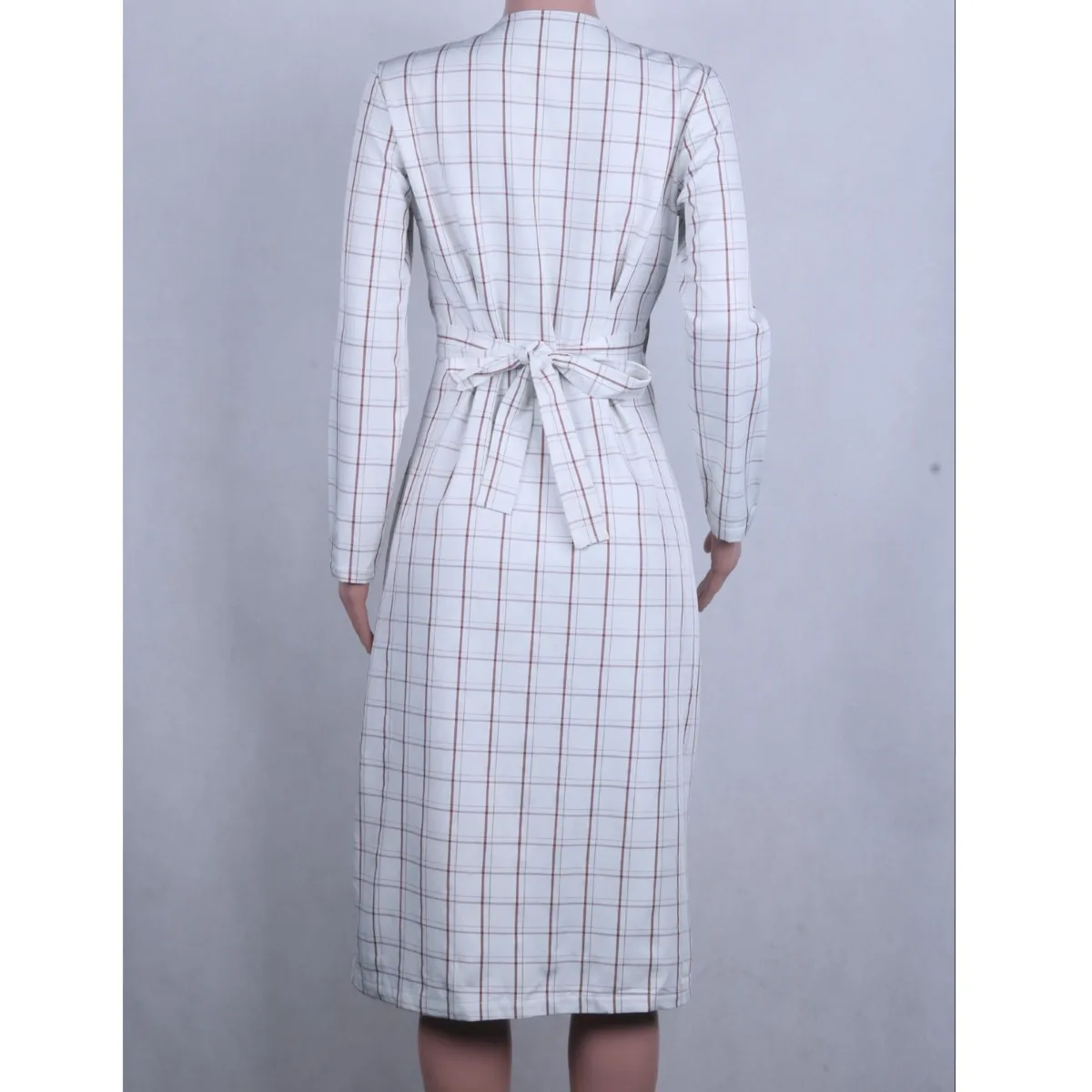 

Vintage V Neck White Khaki Belted Plaid Dress Elegant Office Ladies Blazer Dress Plus Size Long Sleeve Autumn Midi Party Dress