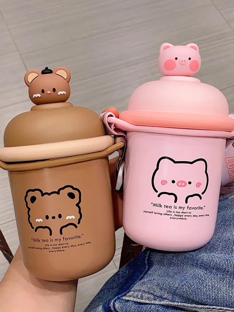 

Kawaii Pastel Bear Thermos Big Belly Cup Cute Kids Stainless Steel Vacuum Flask Water Bottle For Girls Student Thermos Cup Strap