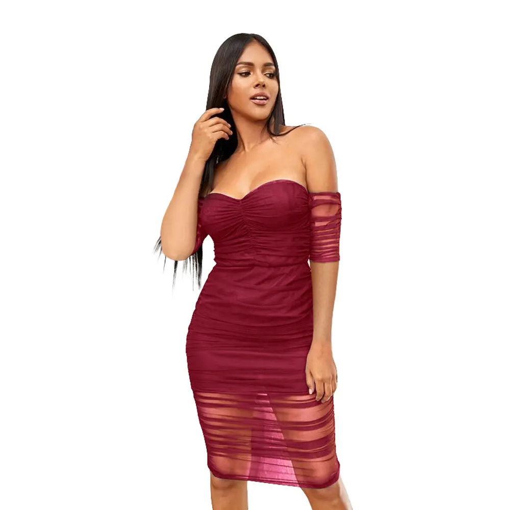 

Sexy Mesh Shoulder Bandage Dress Women Bodycon Dress Short Sleeve Nightclub Dress Celebrity Evening Party Dress 2020 New Arrival